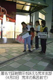署名で証拠開示を訴える　4月23日　荒本の風呂前